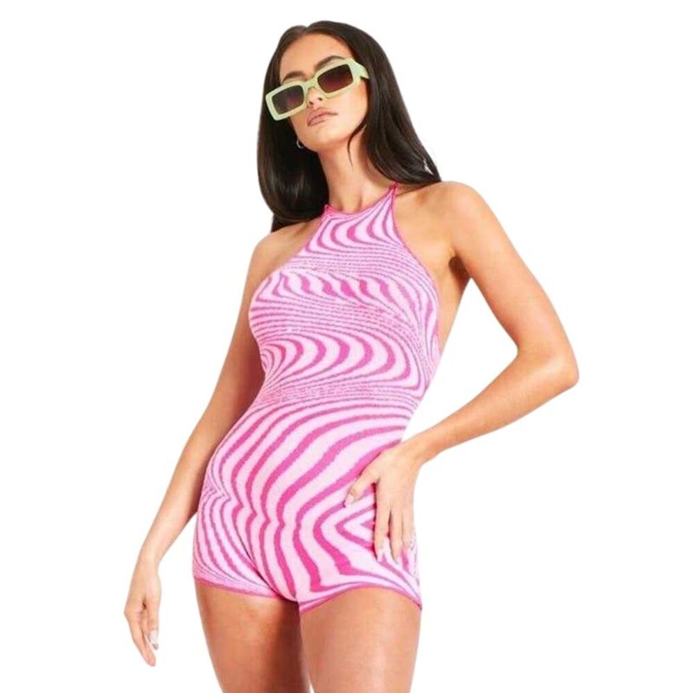 Missy Empire Womens/Ladies Swirl Print Knitted Tie Neck Unitard / Pink